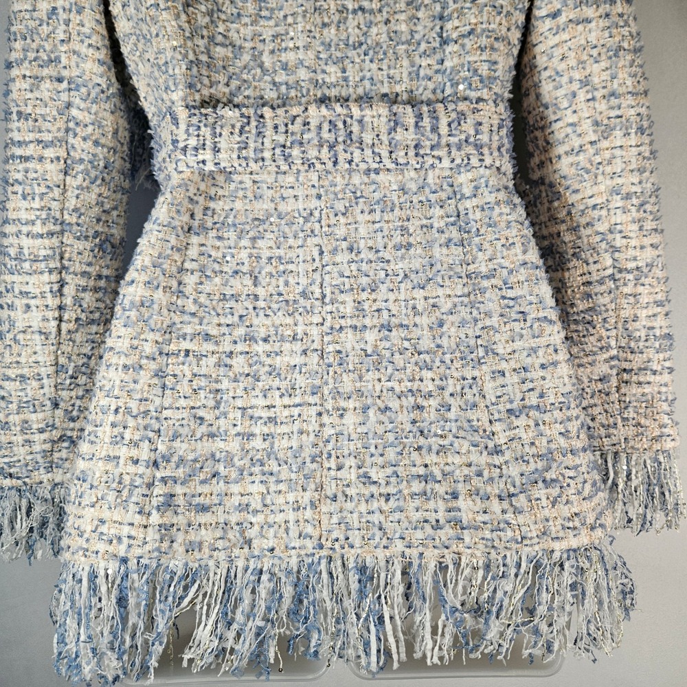 Balmain Tweed Jacket Womens M Blue Fringed Sequin Glam Designer Belt Luxury Boho - Picture 16 of 16